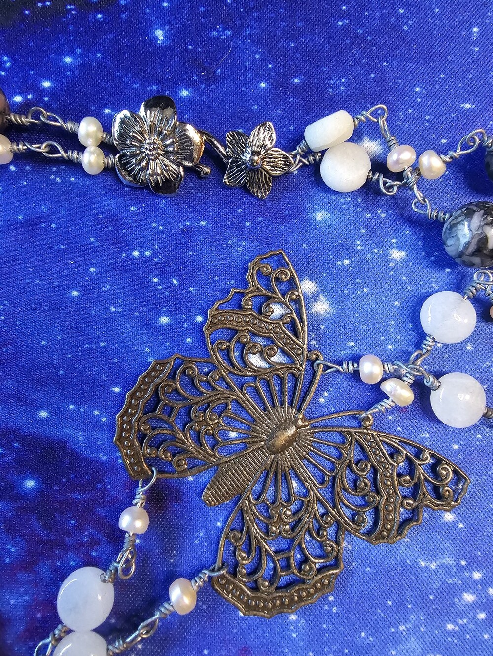 Bronze Butterfly Necklace with White and Brown Beads